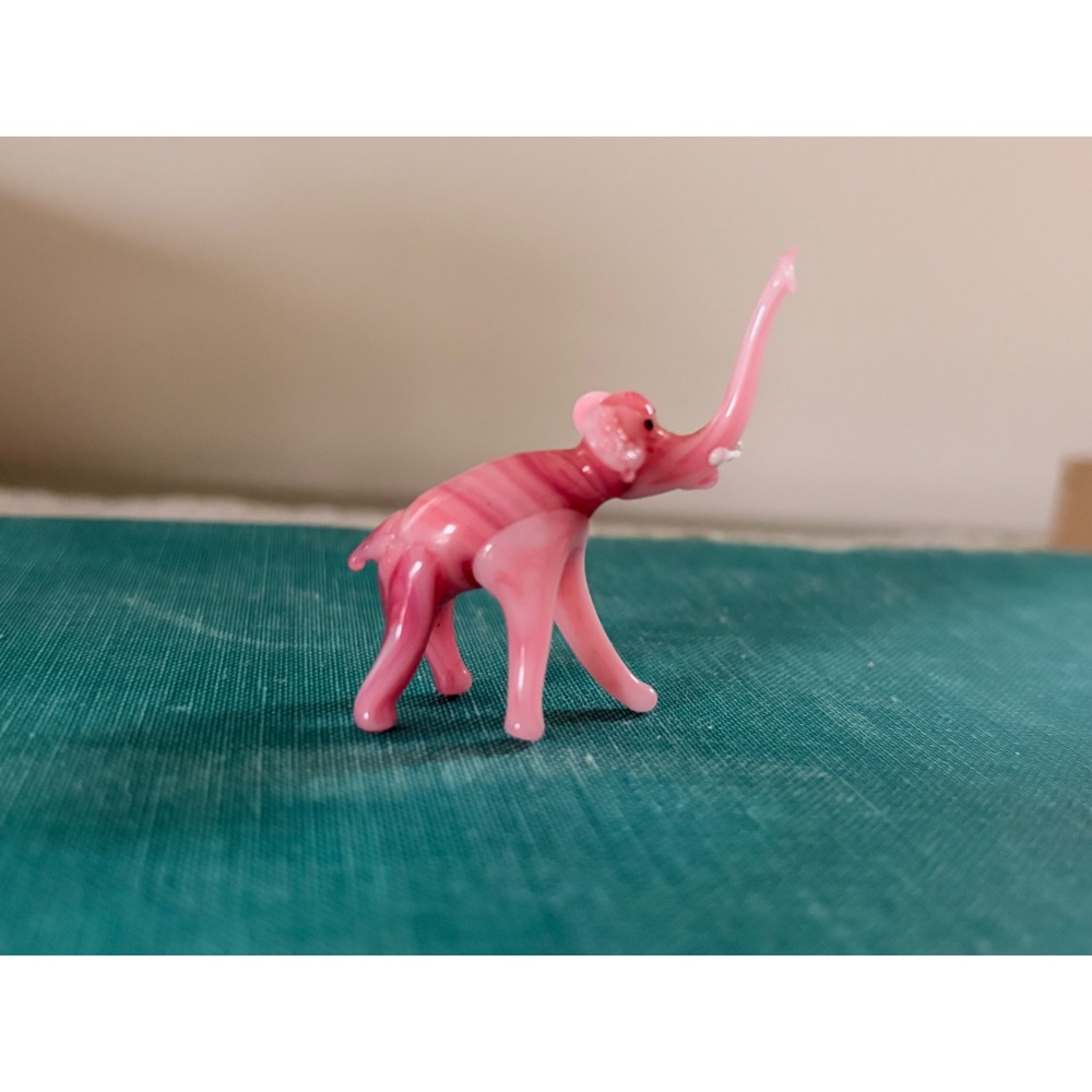 Vintage Pink Swirl Art Glass Elephant Figurine Miniature Good Luck Trunk Up